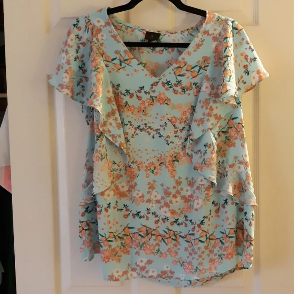 Worthington Woman Aqua Blue Floral V-Neck Short Sleeve Blouse In Size 0X